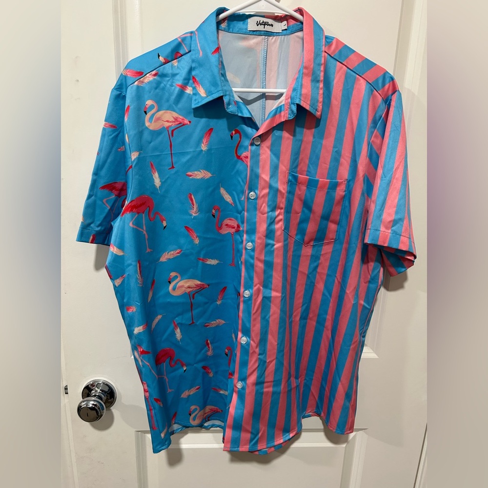 VATPAVE Mens Hawaiian Flamingo Shirts Casual Short Sleeve Button Down Shirt Sz L
